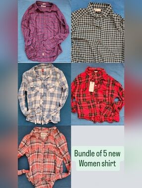 Bundle of 5 Women' Plaid Long-Sleeve Shirts - Red, Blue, Pink